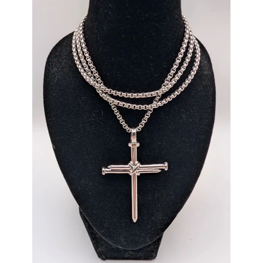 Men's Silver Cross Pendant Box Chain Necklace Made of Nails 24" Lobster Clasp No